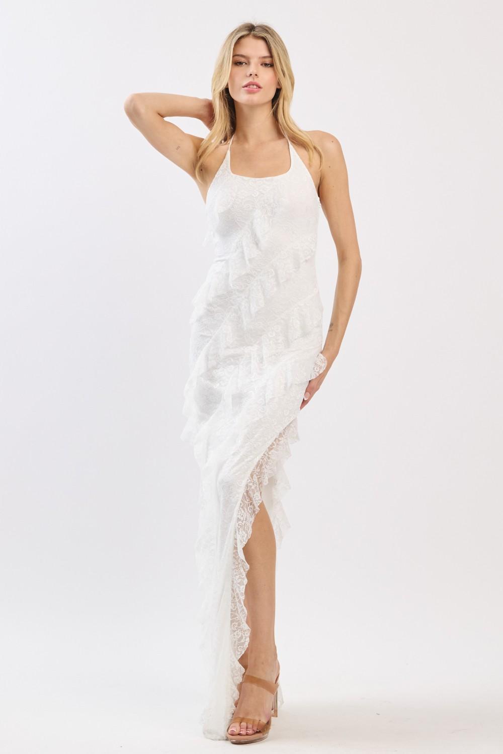 White Lace Halter Neck Ruffle Maxi Dress