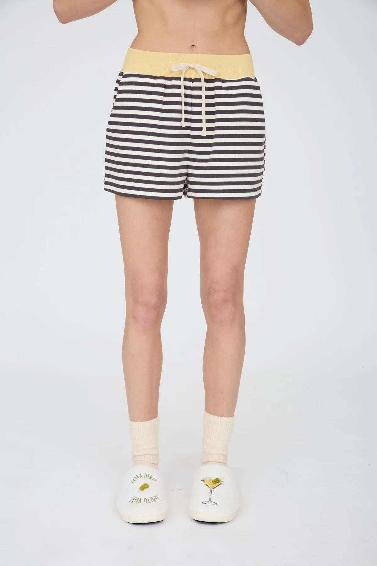 CHARCOAL BUTTER STRIPED CONTRAST RIBBED WAIST KNIT SHORTS