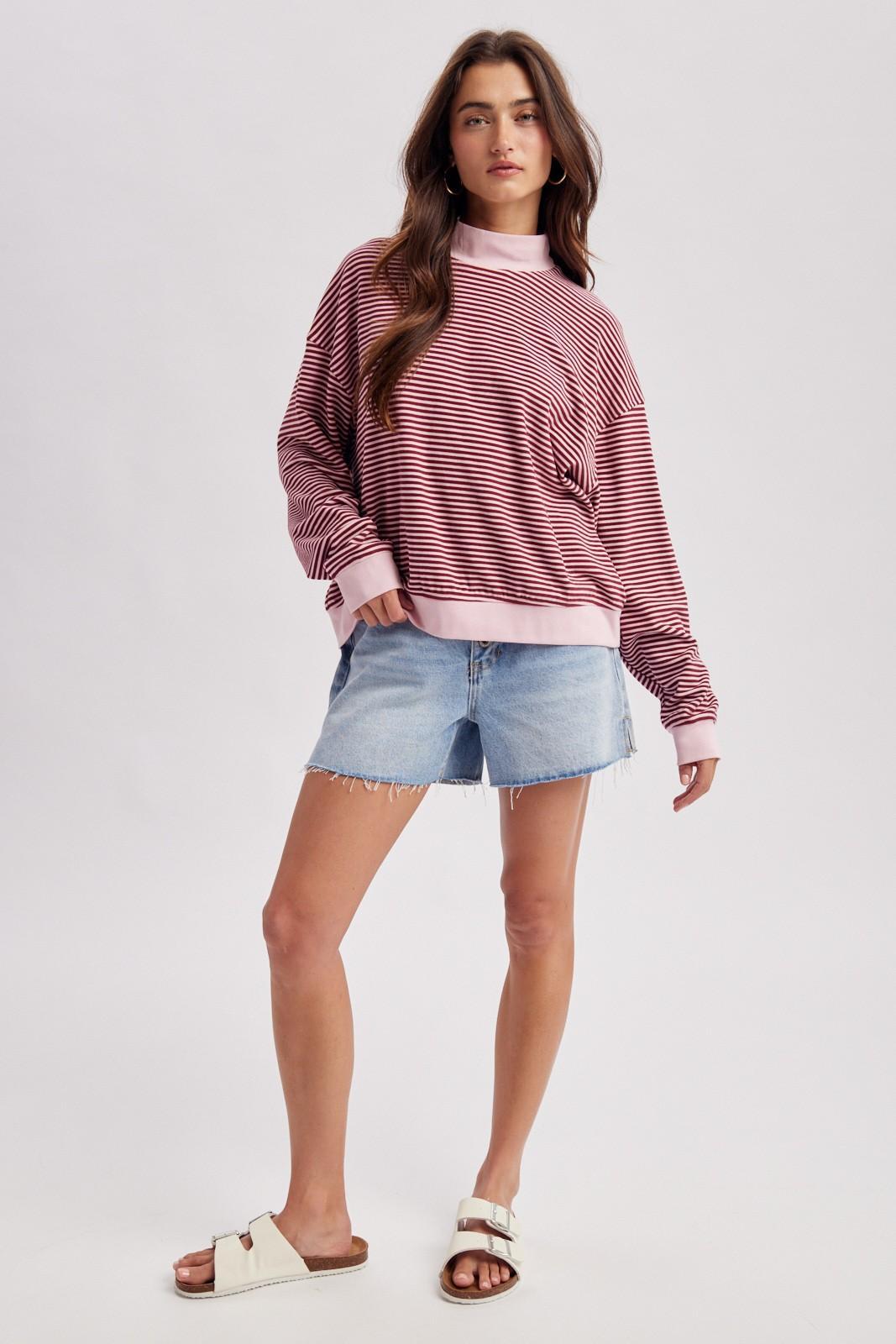 Pink/Burgundy Striped Mock Neck Knit Top