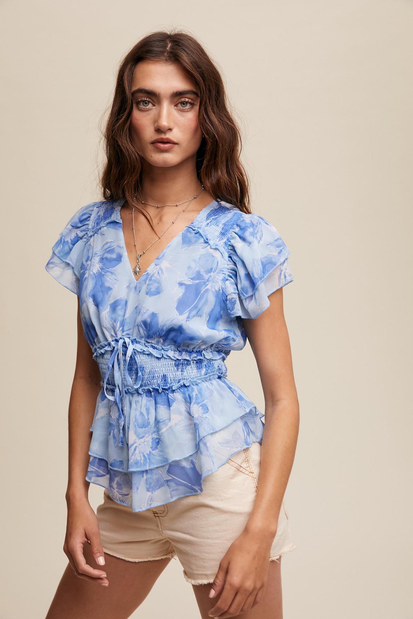 Floral Smocked Waist Ruffle Top