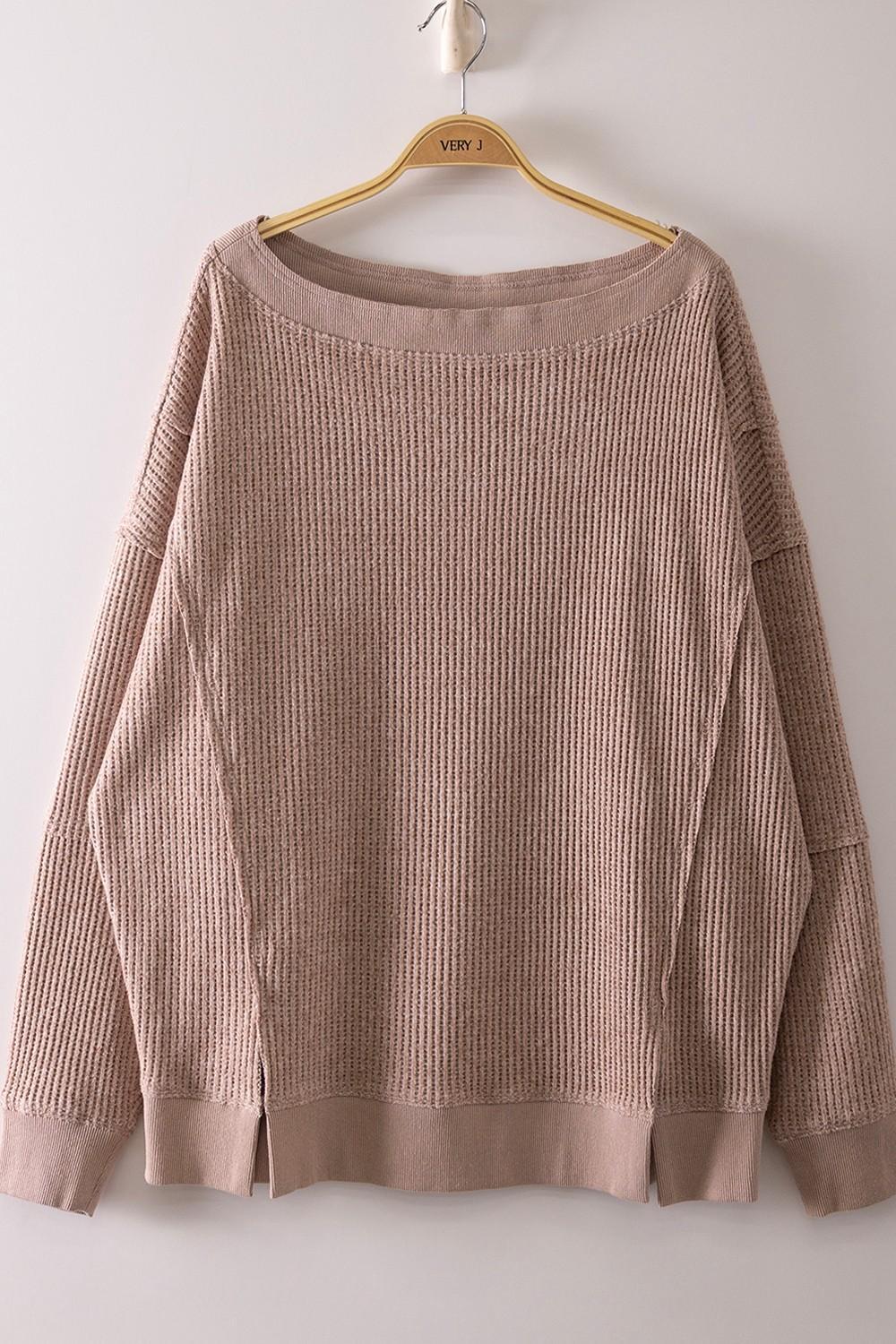 Boat Neck Waffle Knit Top