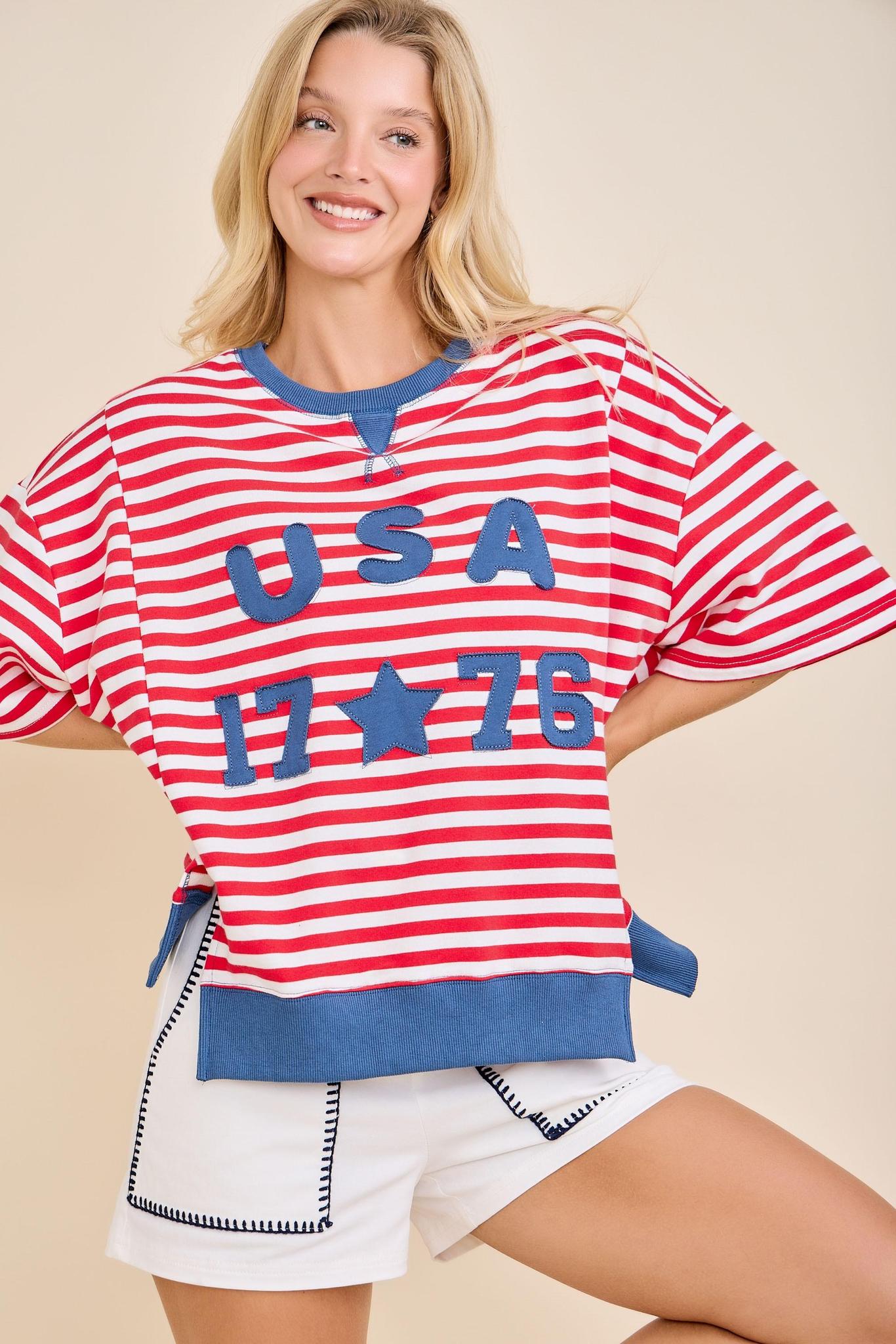USA Rope Embroidery Striped Top