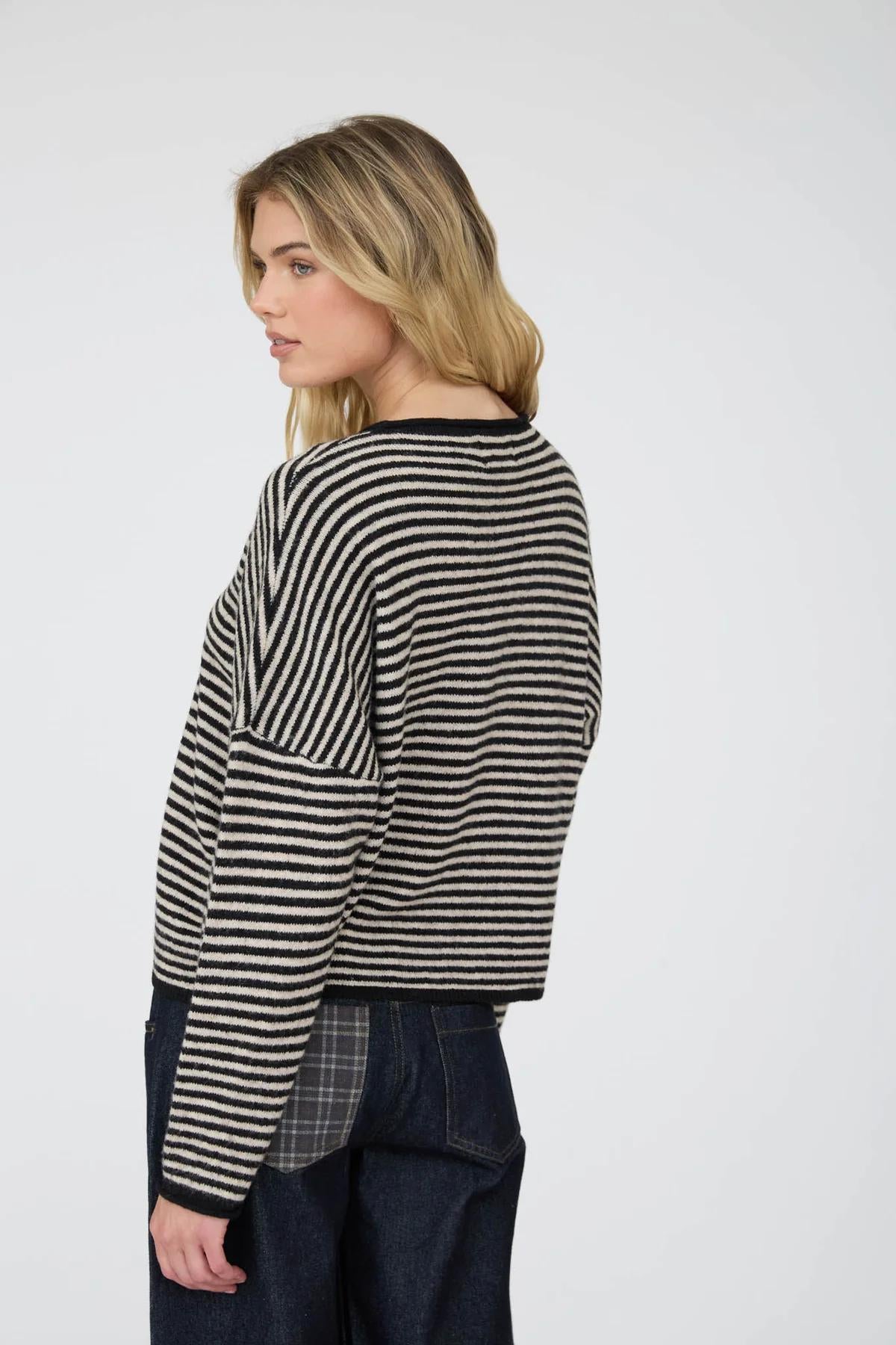 STRIPE RAW EDGE BUTTON DOWN LONG SLEEVE CARDIGAN