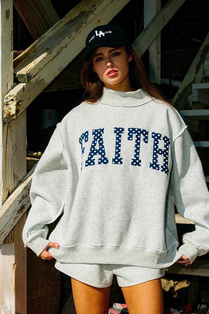 "Faith" Embroidered Polka-Dot Mock Neck Sweatshirt