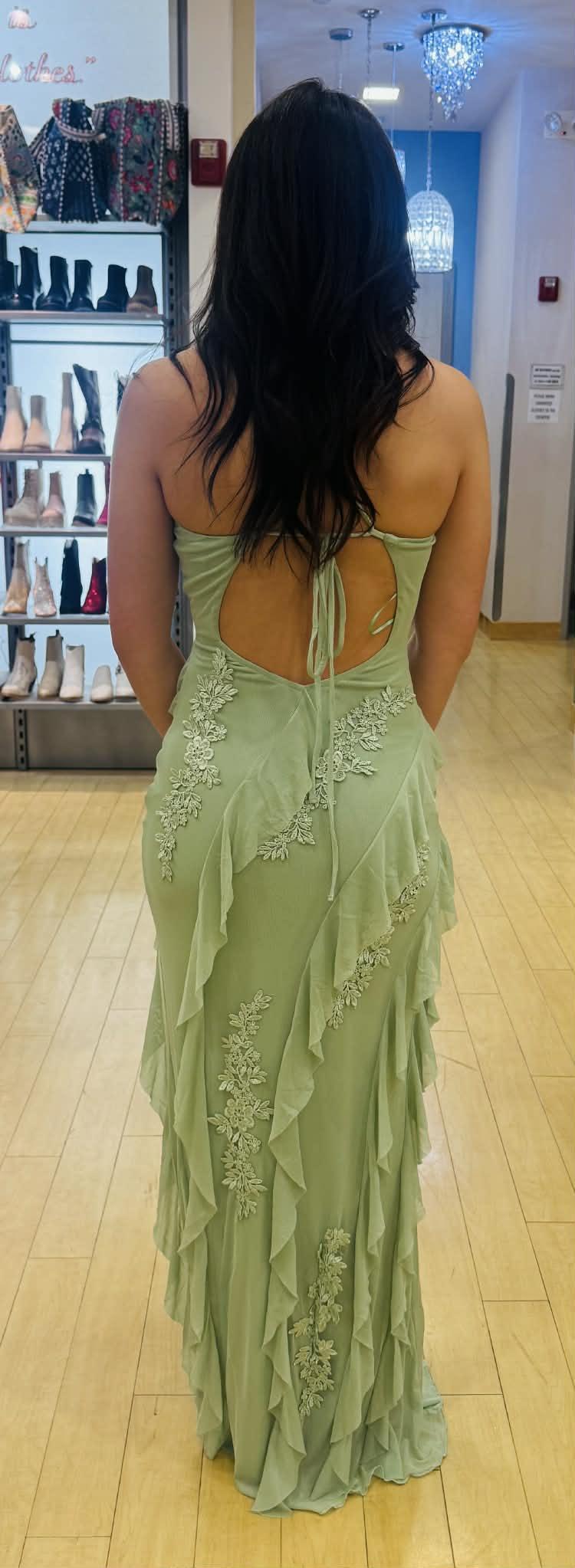 SAGE TUBE MESH RUFFLE SLIT SIDE DRESS