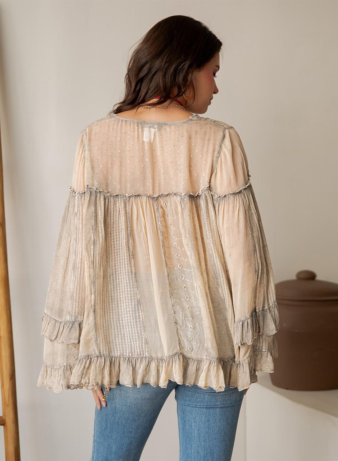 Dreamy Sheer V-neck Ruffled Button-front Top