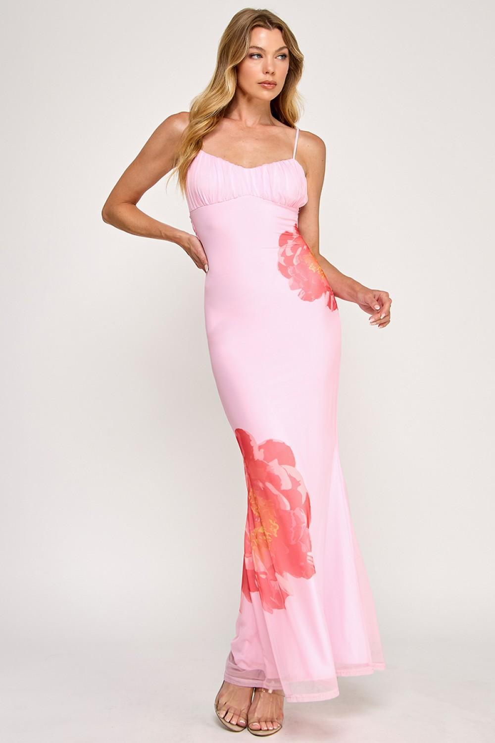 Pink Mesh Big Flower Maxi Dress