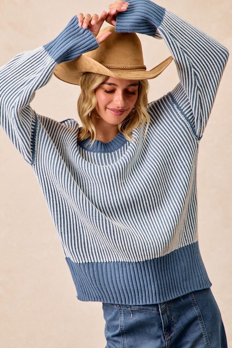 Dusty Blue Two-Tone Rib Knit Sweater