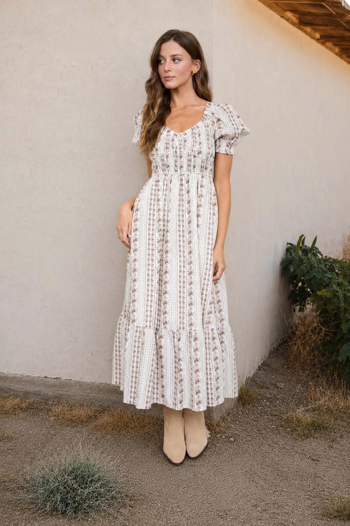 BROWN FLORAL STRIPE PUFF SLEEVE RUFFLED MIDI DRESS
