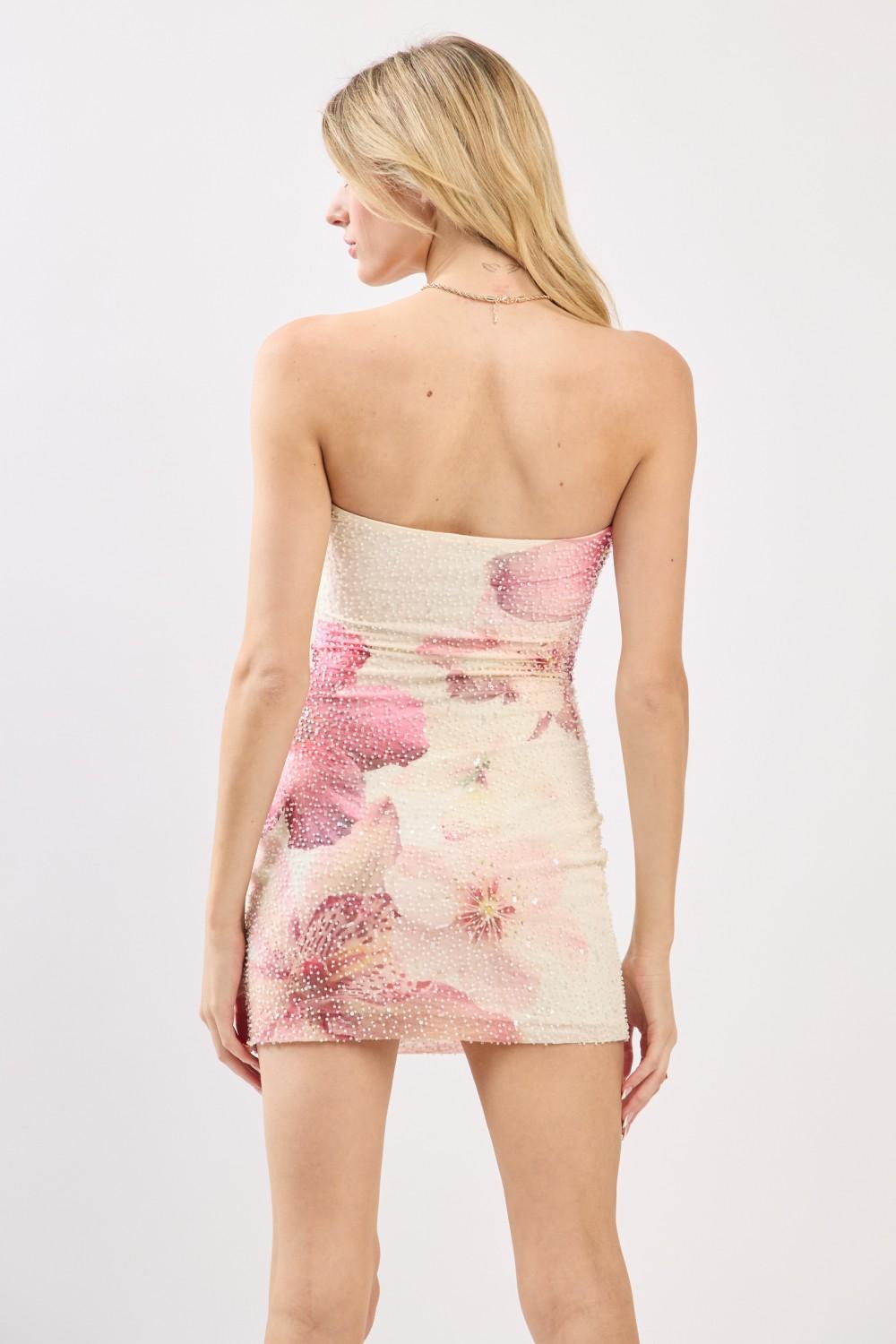 Cream/Pink Big Flower Print Beaded Tube Mini Dress
