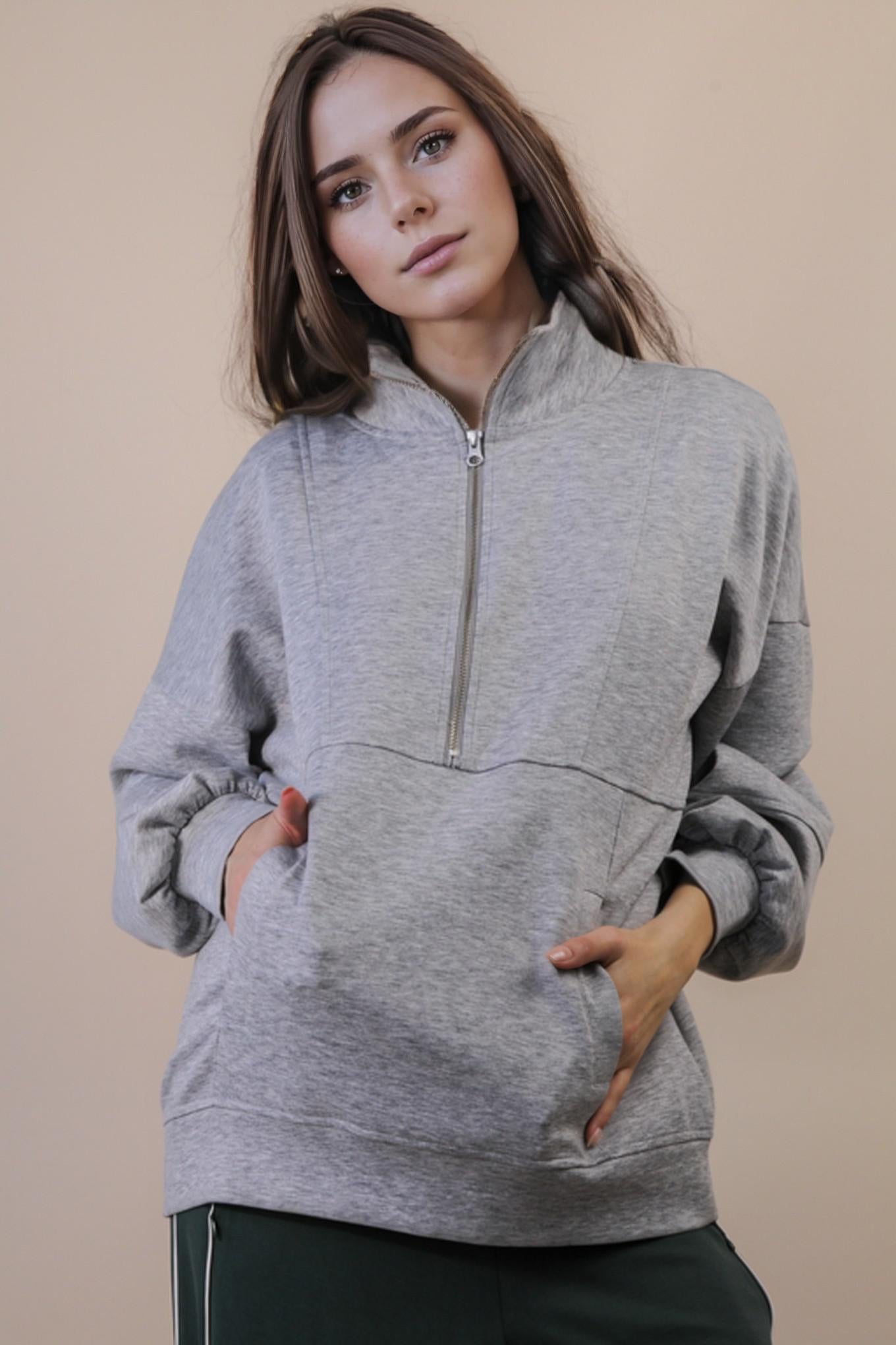 Heather Grey Half Zip Up Oversized Pullover