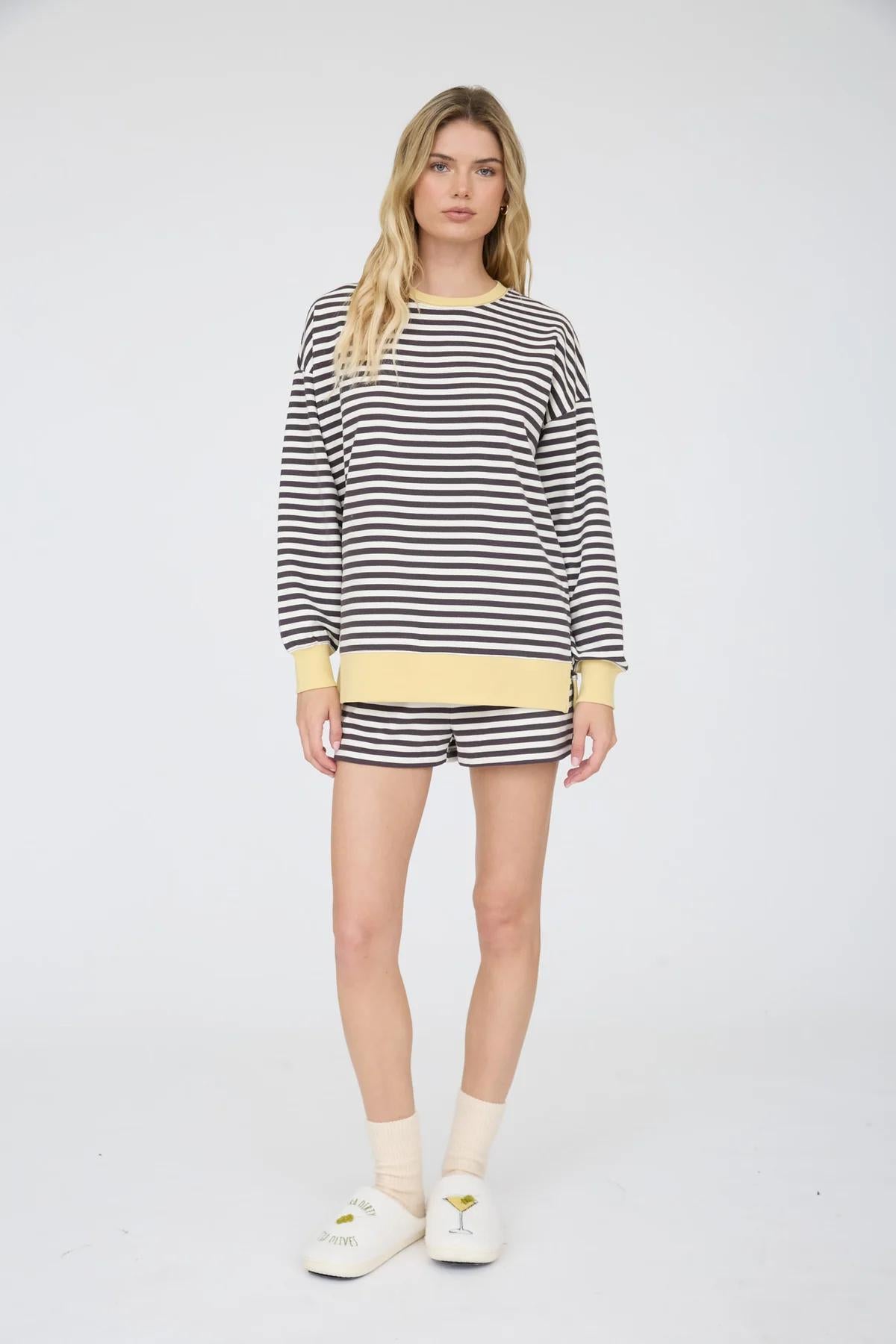 CHARCOAL BUTTER STRIPED BOXY LONG SLEEVE CONTRAST KNIT TOP