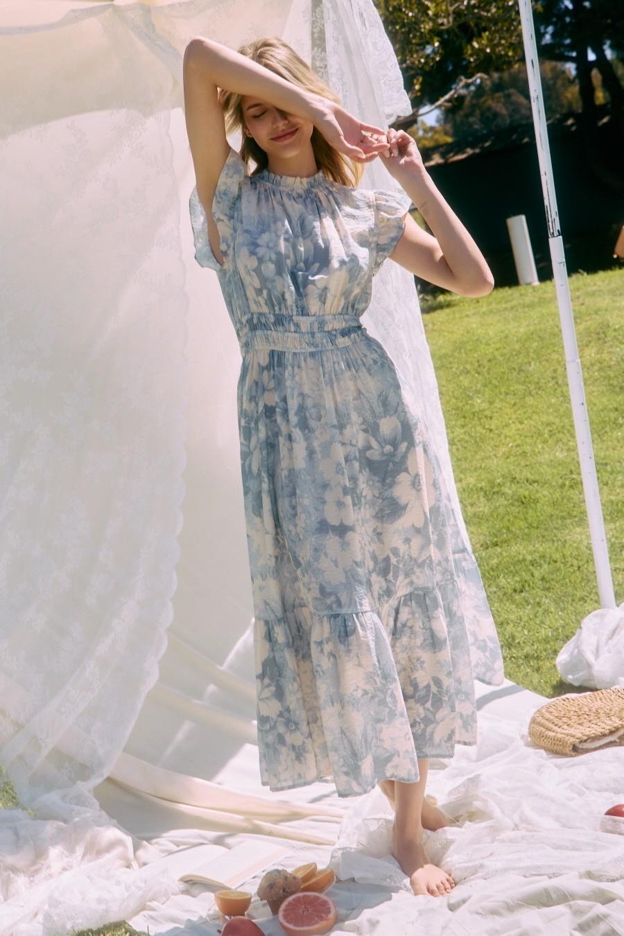 Sky Blue Floral Tiered Midi Dress