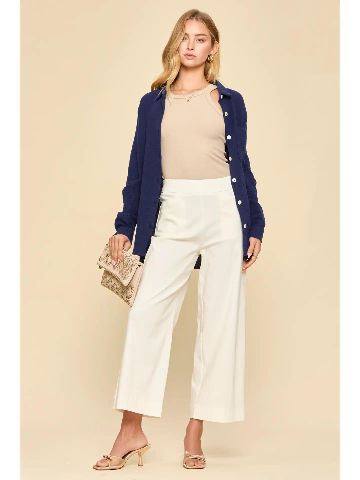 Coastal Navy Breathable Cotton Button-Down Top