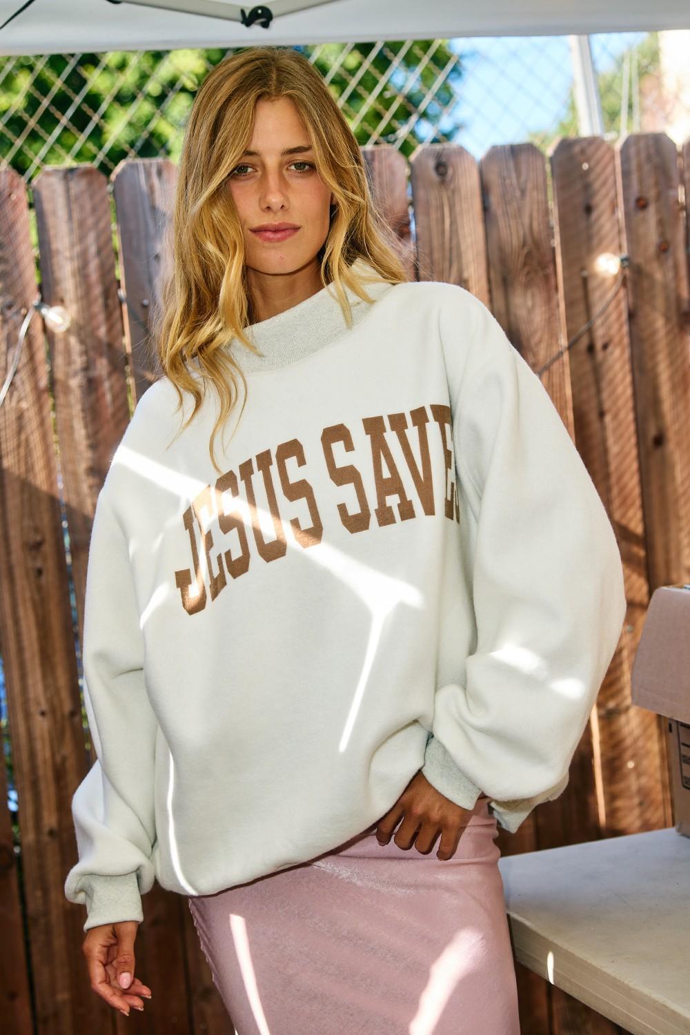 'Cross & Jesus Saves' Print Reversible Sweatshirt