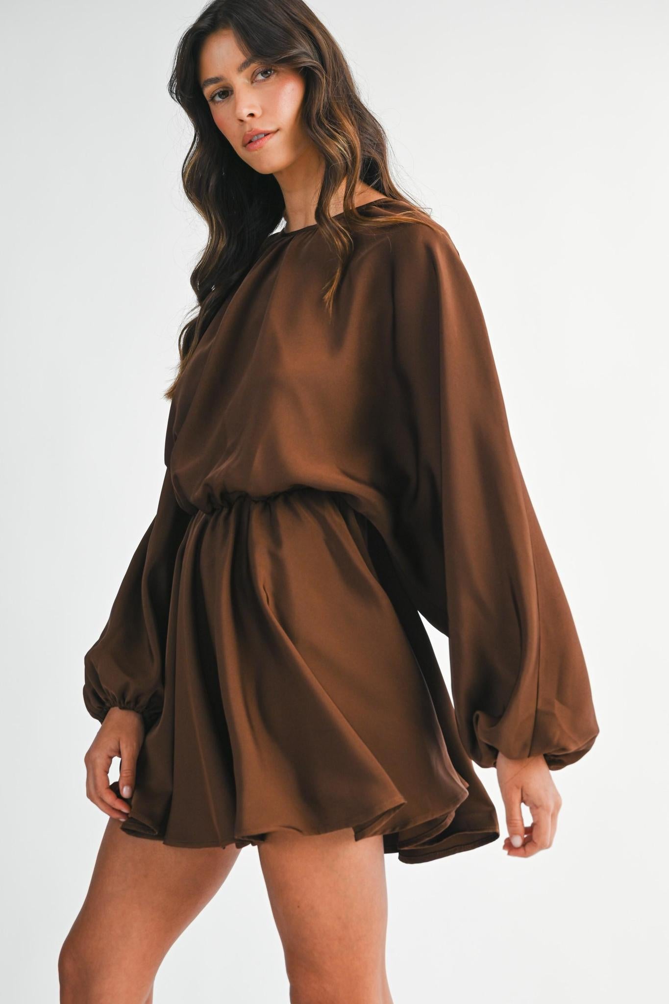 Chocolate Satin Balloon Long Sleeve Mini Dress