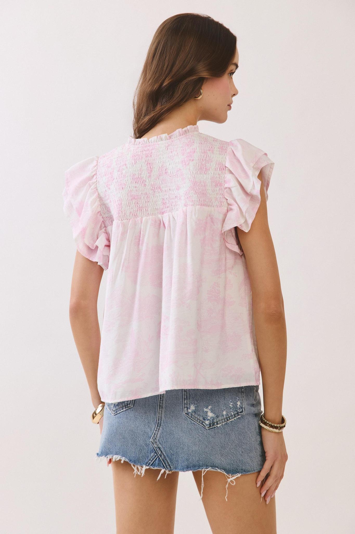 Pink Toile Smocked Ruffle Sleeve Blouse