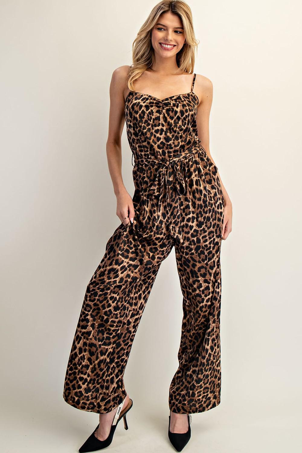 Leopard Tie Waist Sleeveless Jumpsuit