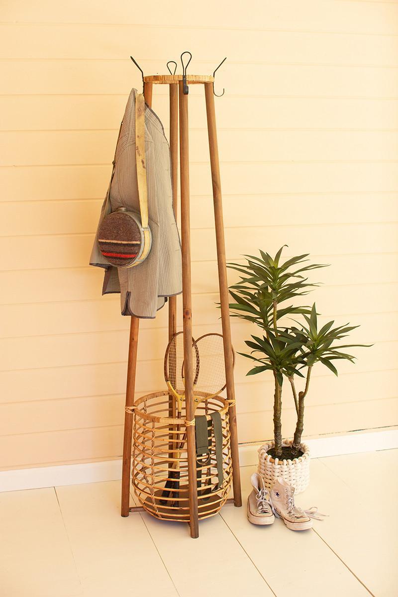 Tall Rattan Coat Rack W/ Umbrella Basket