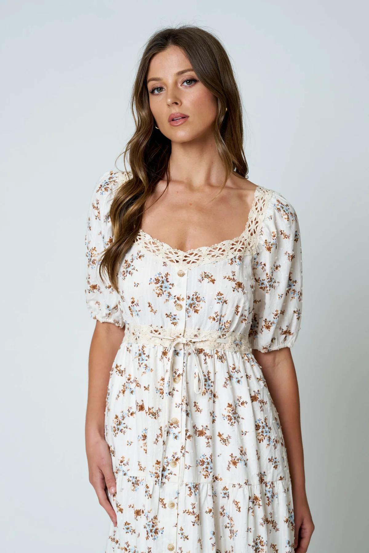 CREAM FLORAL CLIP DOT CROCHET LACE TRIM MIDI DRESS