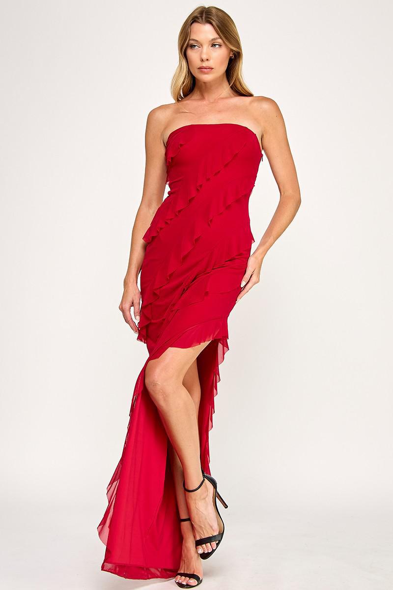 Red Tube Mesh Frilled Slit Side Dress