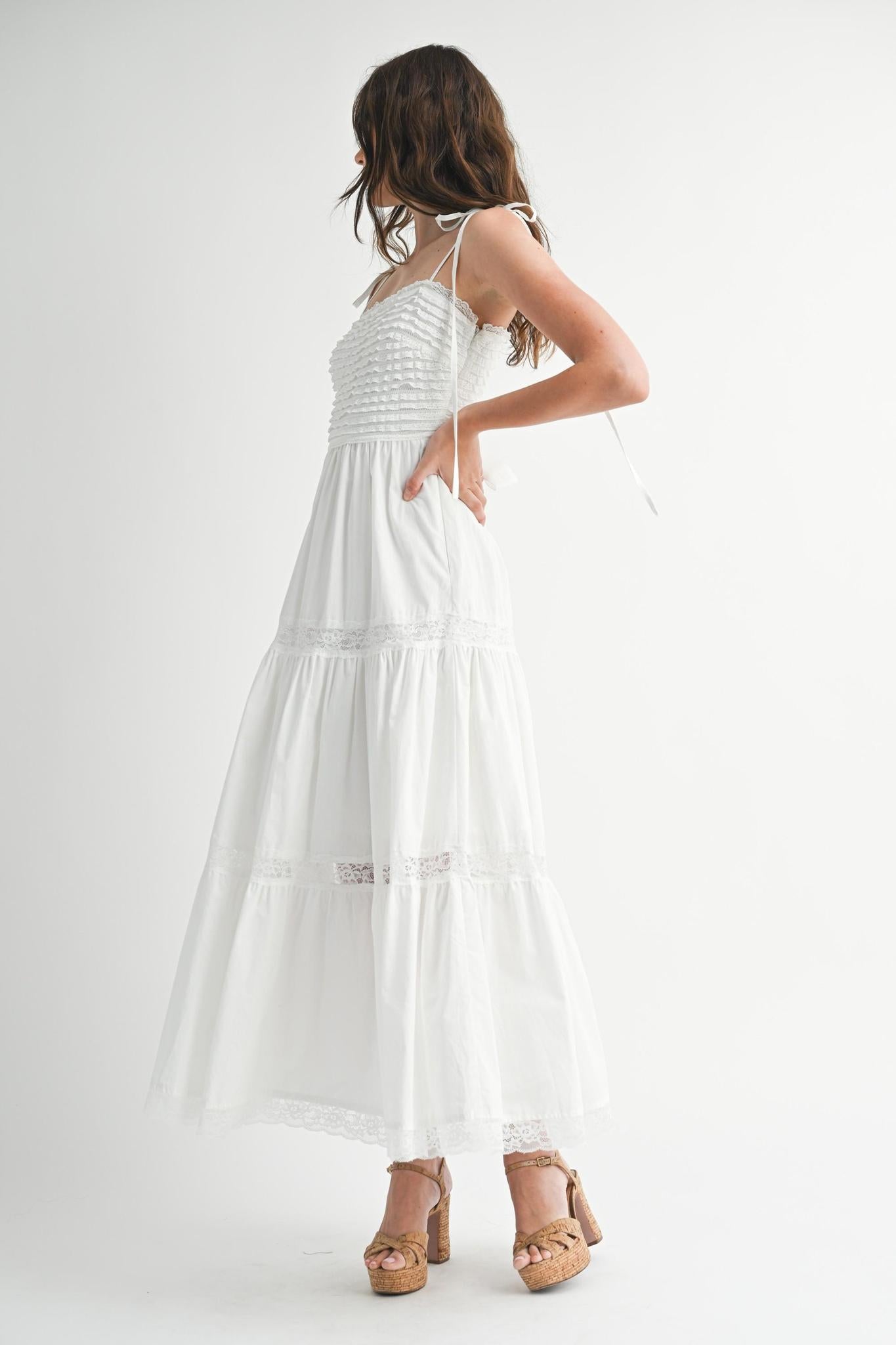 Ruffle Textured Self Tie Lace Trim Midi Dress