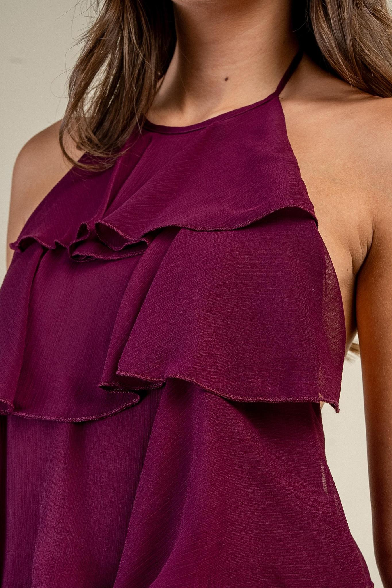 Merlot Multi Ruffled Mini Dress With Back Tie
