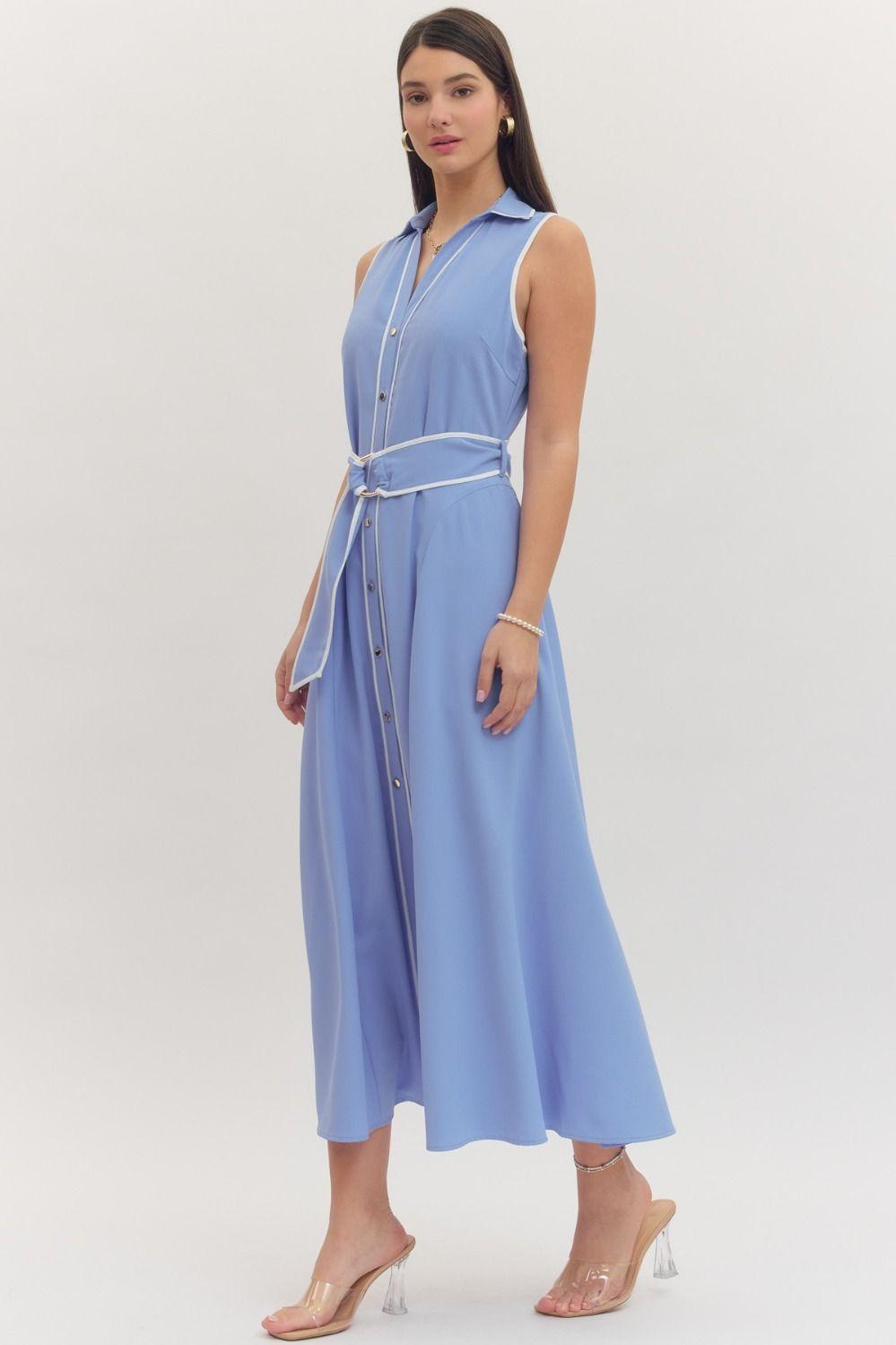 Chambray Midi Button Up Sleeveless Dress