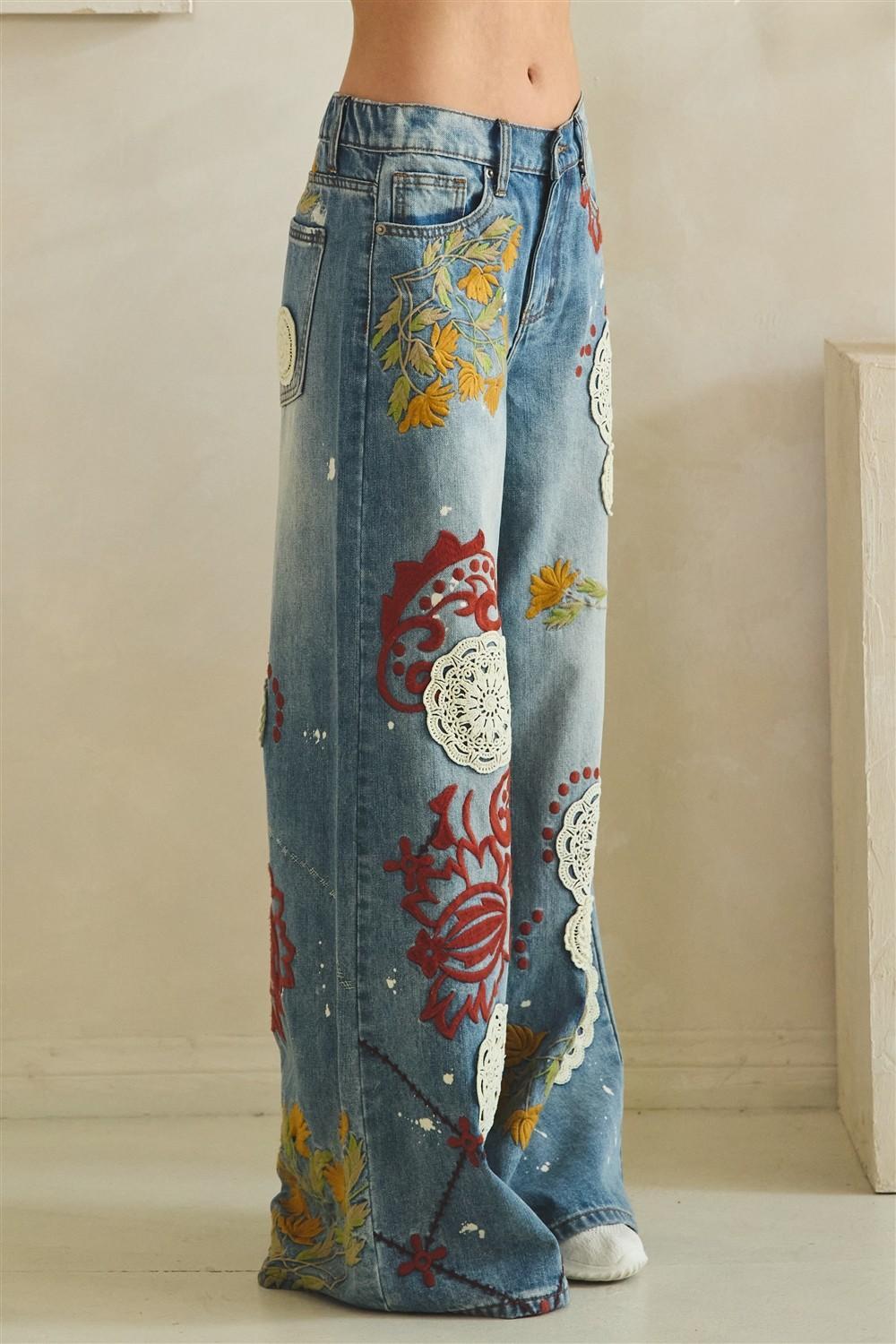 Washed Embroidery Wide Leg Denim Pants