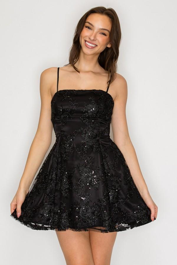 Black Floral Sequin Fit & Flare Mini Dress