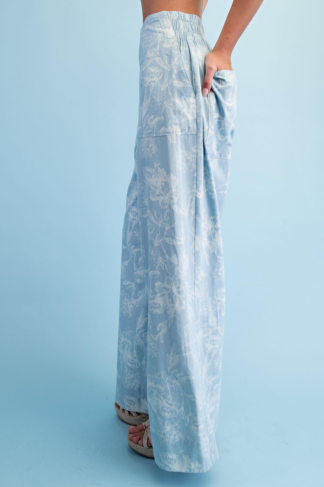 Light Denim Floral Print Wide Leg Pants