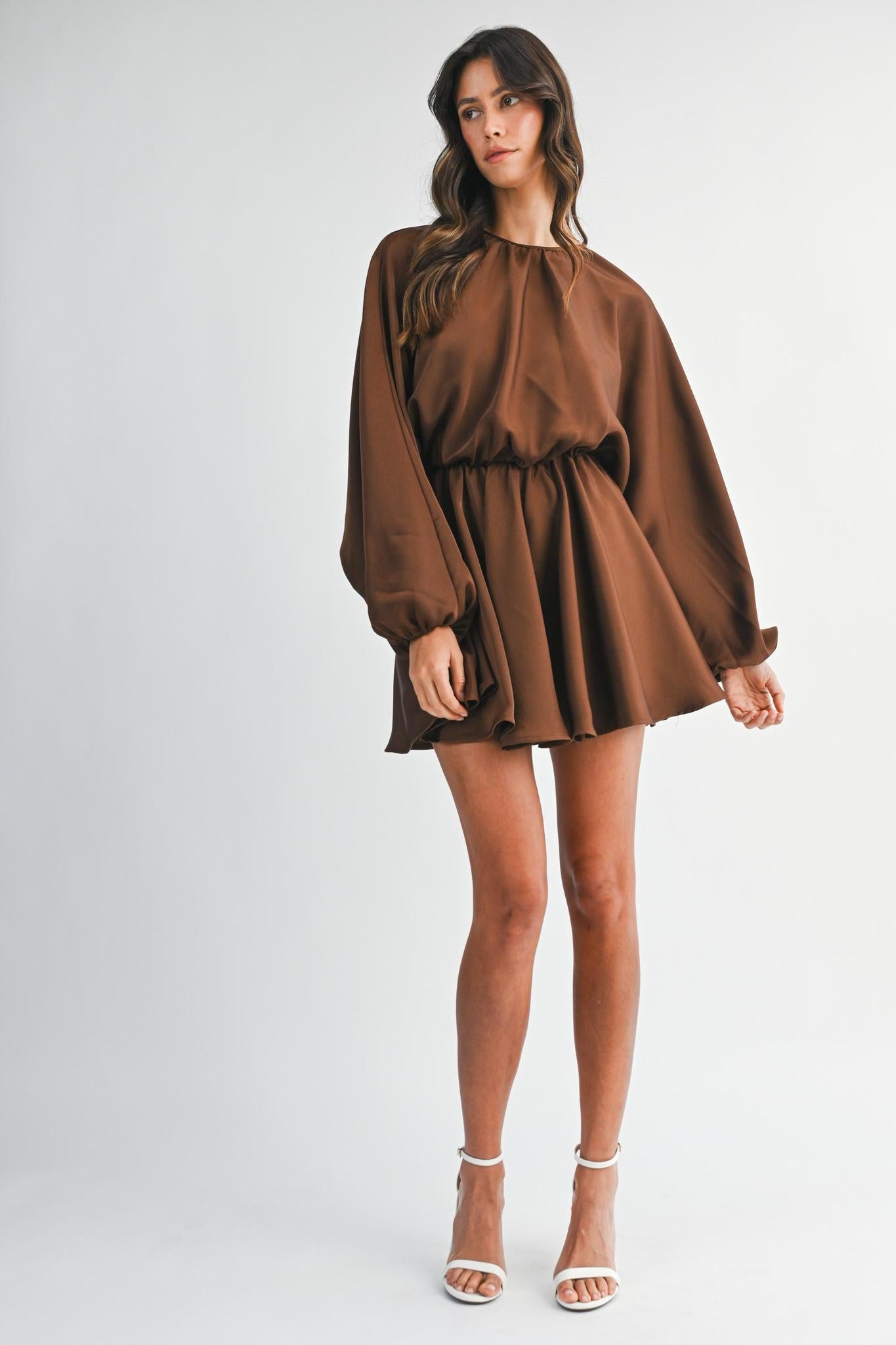 Chocolate Satin Balloon Long Sleeve Mini Dress