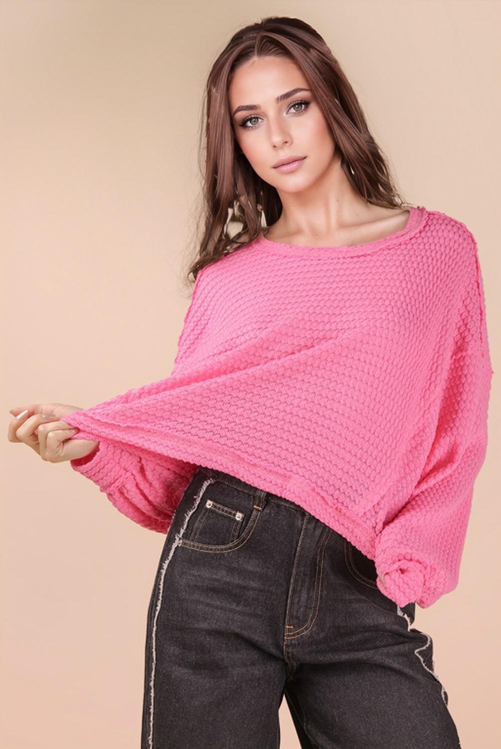 Pink Oversized Waffle Solid Knit Casual Top