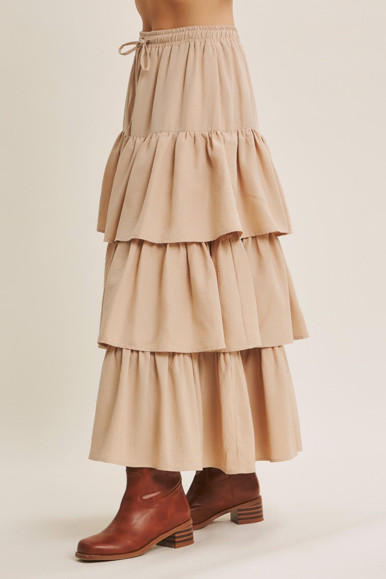 Airy Tiered Ruffle Maxi Skirt With Pockets - Natural