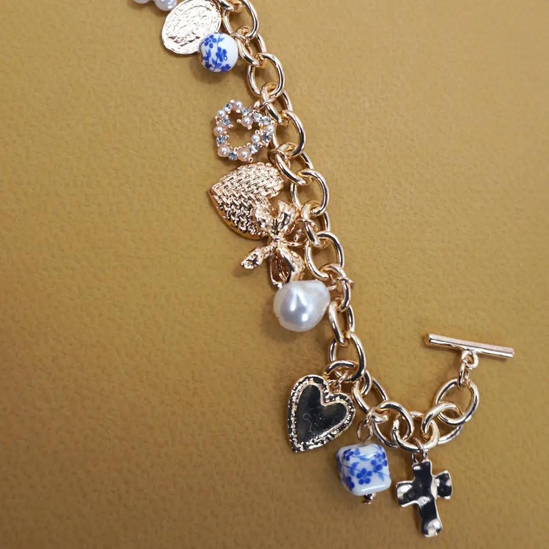 Ceramic Porcelain Heart Bow Pearl Charm Bracelet