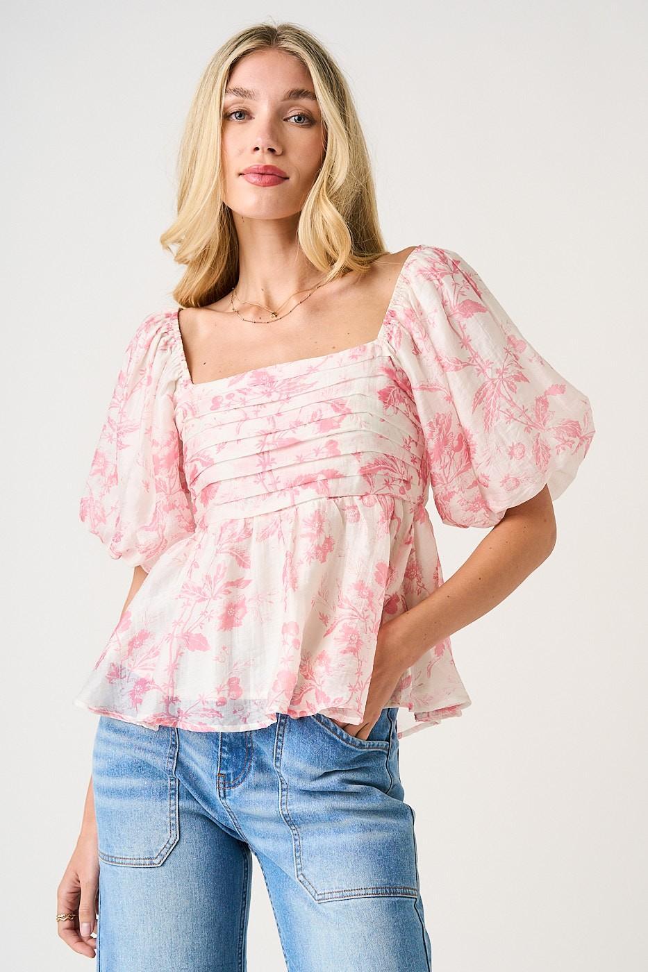 Pink Floral Print Pleat Detail Puff Sleeve Babydoll Top