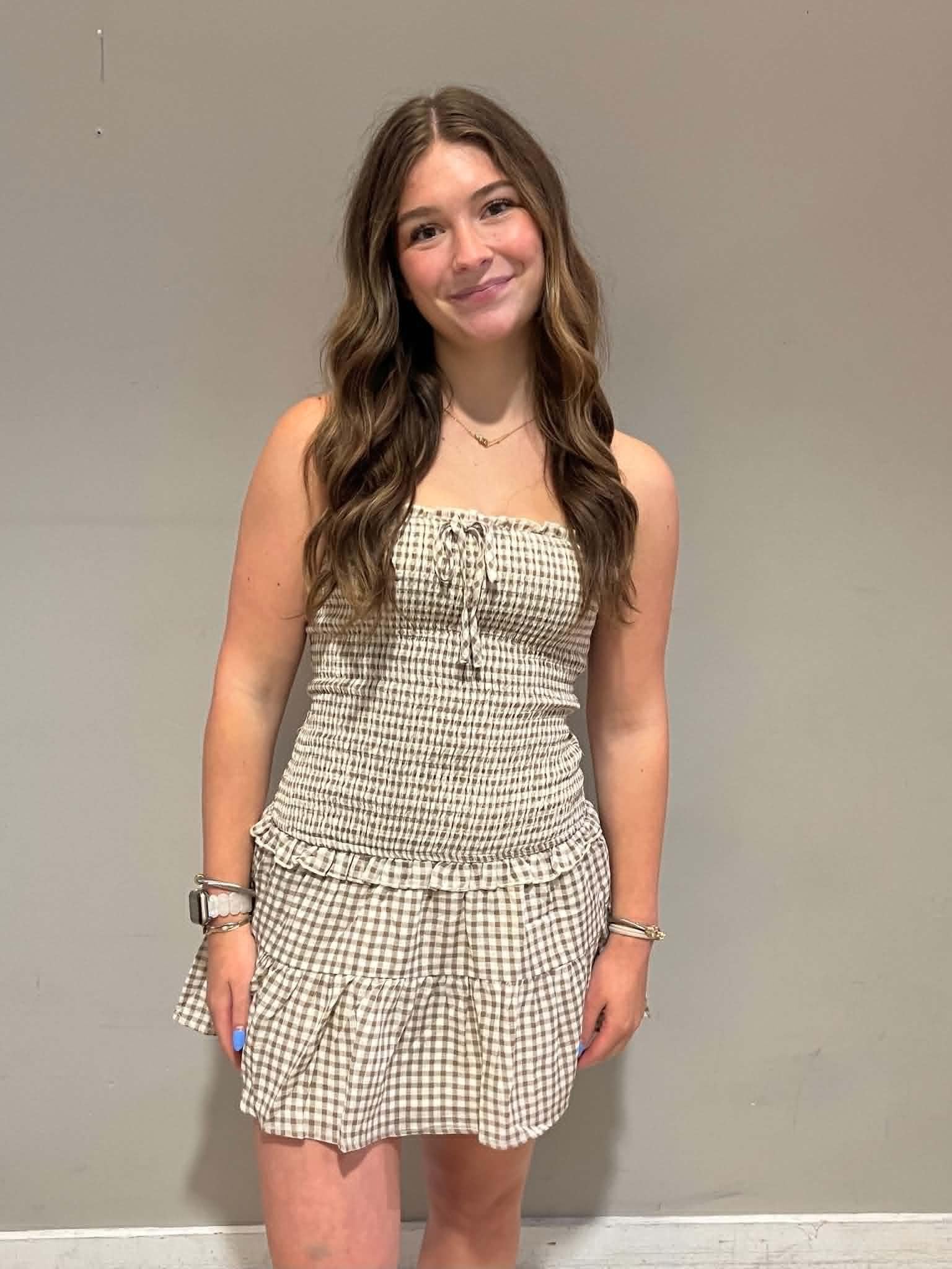 Smocked Gingham Bodice Low Waist Tube Dress