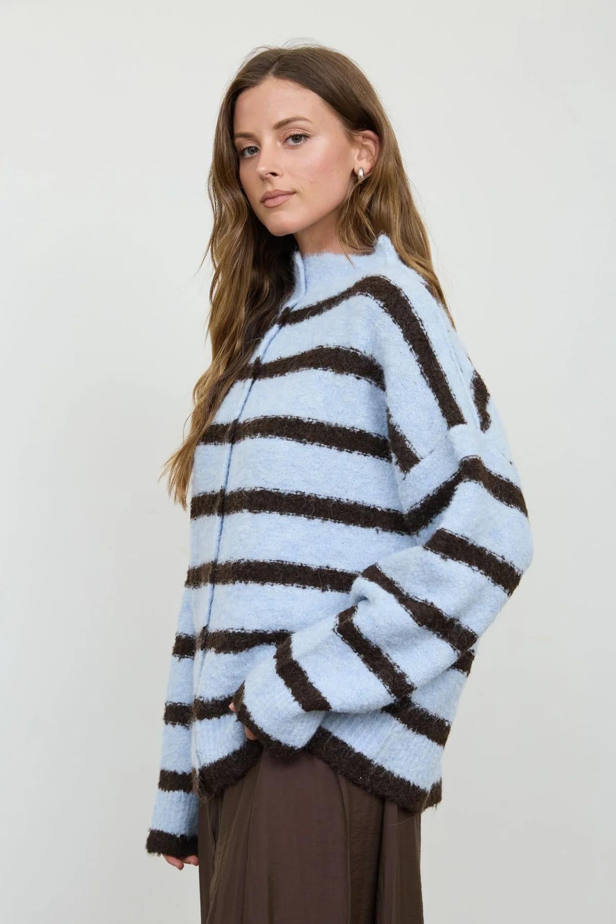 BLUE STRIPE MOCK NECK BUTTON DOWN FUZZY KNIT CARDIGAN