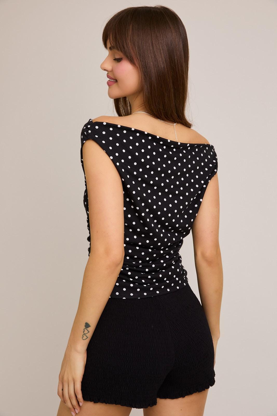 Polka Dot Off Shoulder Top - Black with White Dots
