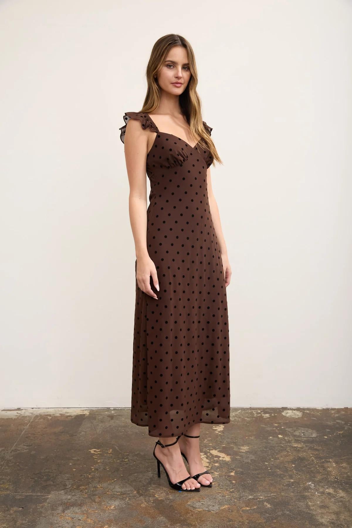 BROWN POLKA DOT FLOCK SWEETHEART MIDI DRESS