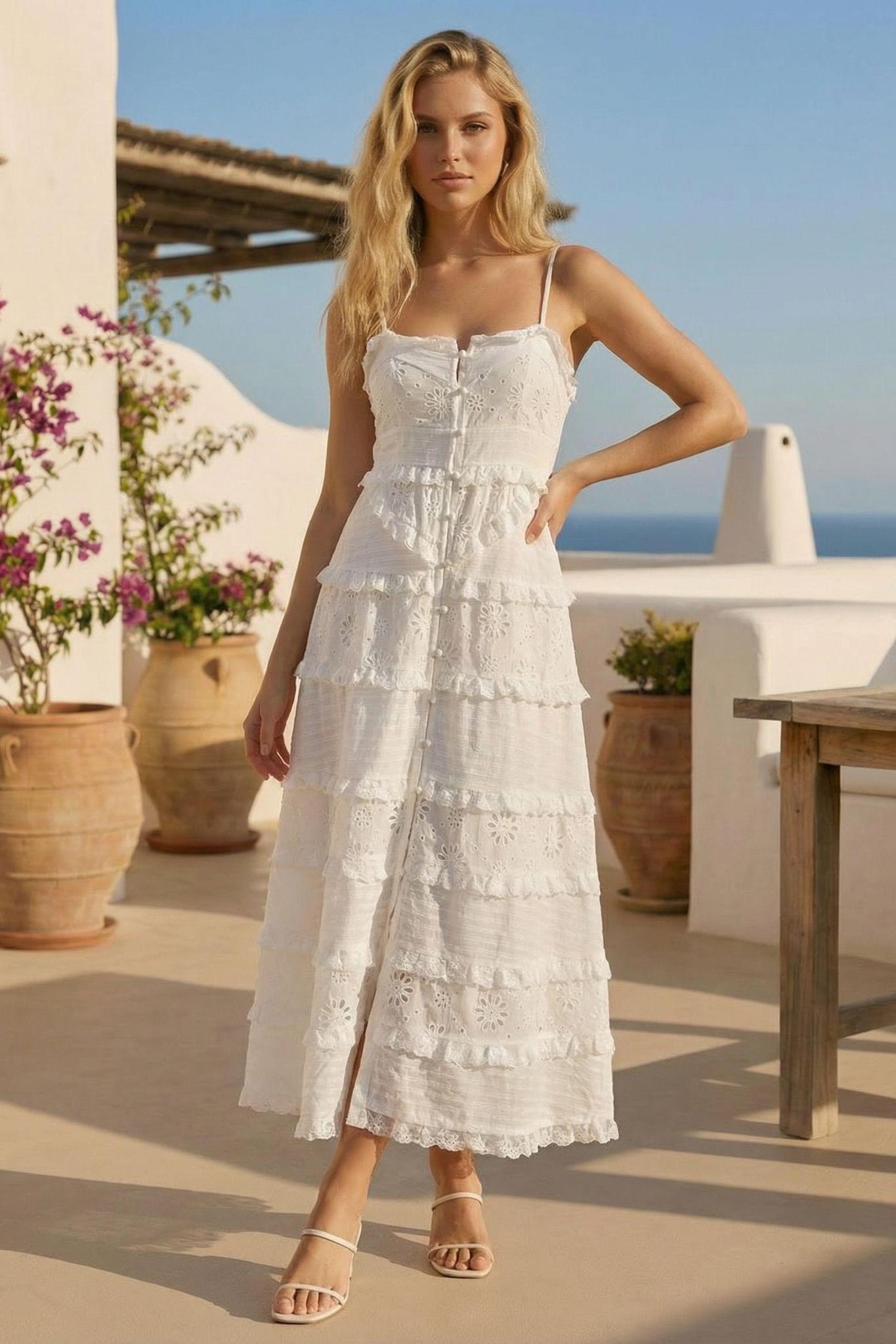 White Tiered Eyelet Midi Dress With Lace Trim