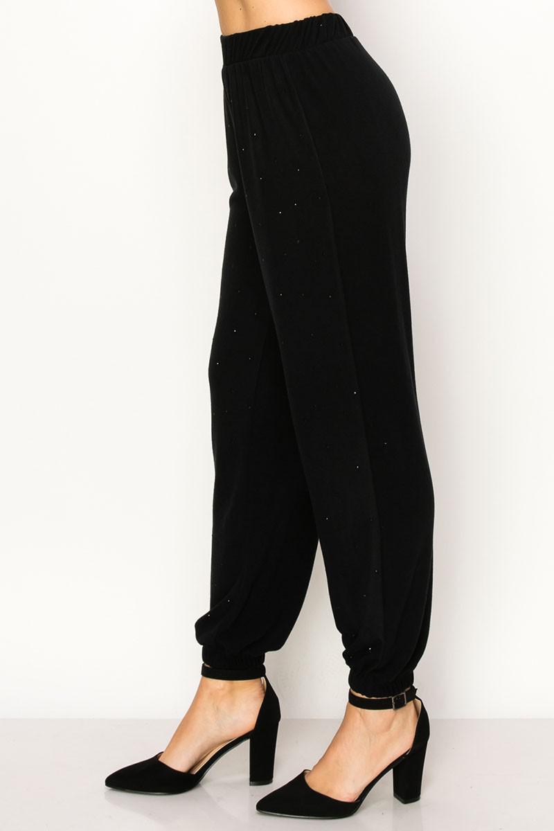 Mid Rise Rhinestone Hacci Knit Jogger Pants
