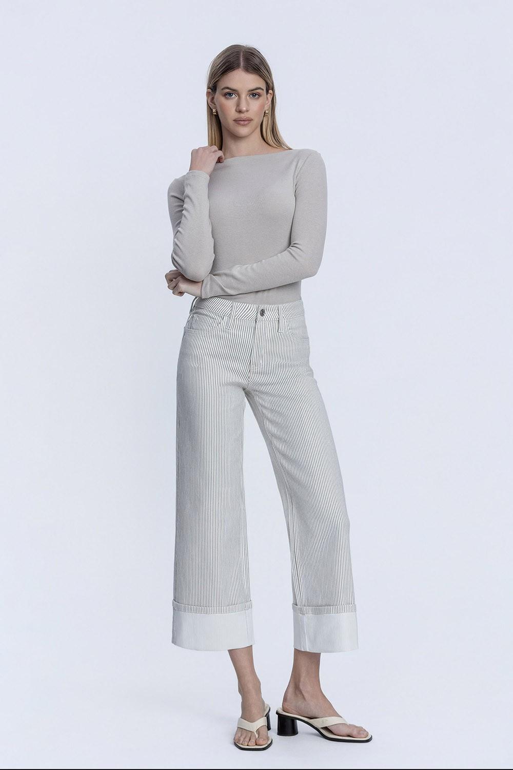 High Rise Stripe Print Cuffed Crop Wide Jeans