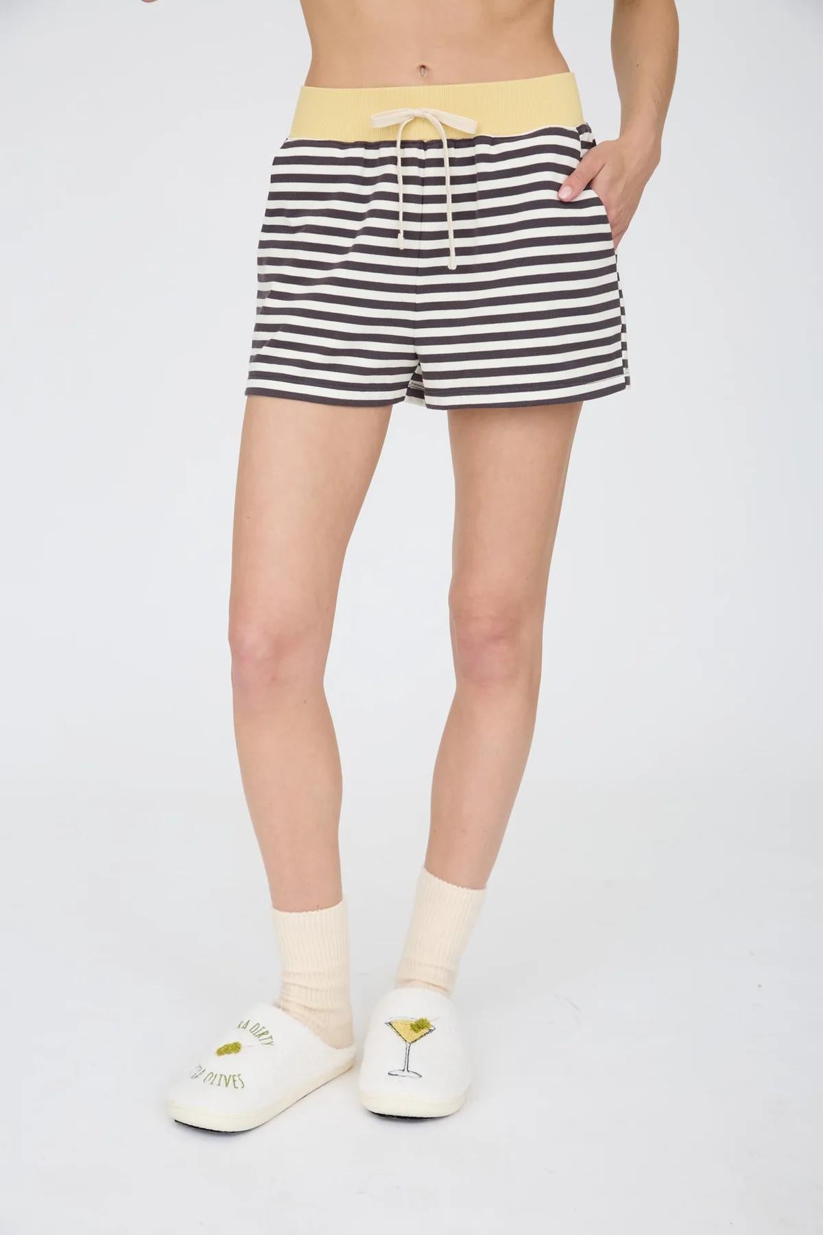 CHARCOAL BUTTER STRIPED CONTRAST RIBBED WAIST KNIT SHORTS