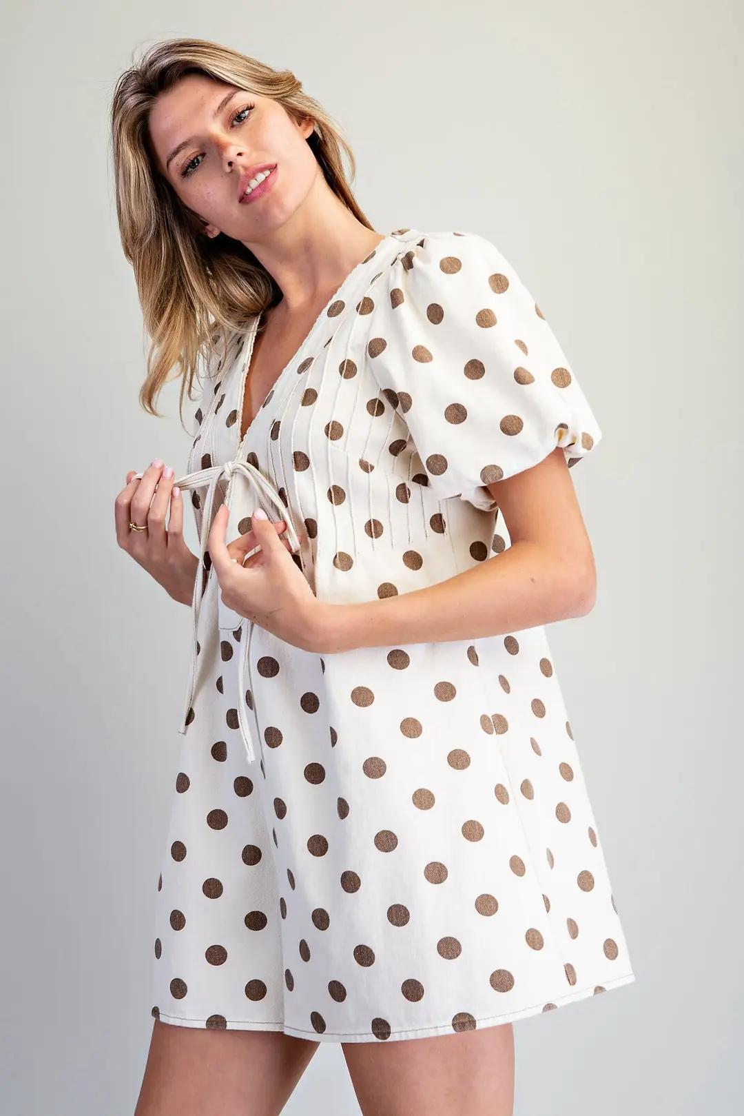 Oatmeal Mineral Washed Polka Dot Pleated Romper