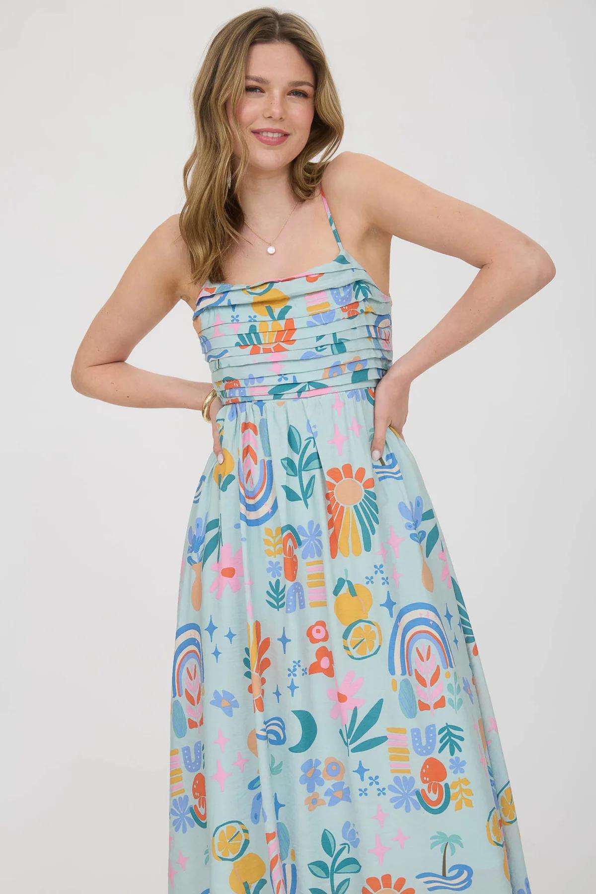 SUMMER PLEATED BACK BOW MIDI DRESS