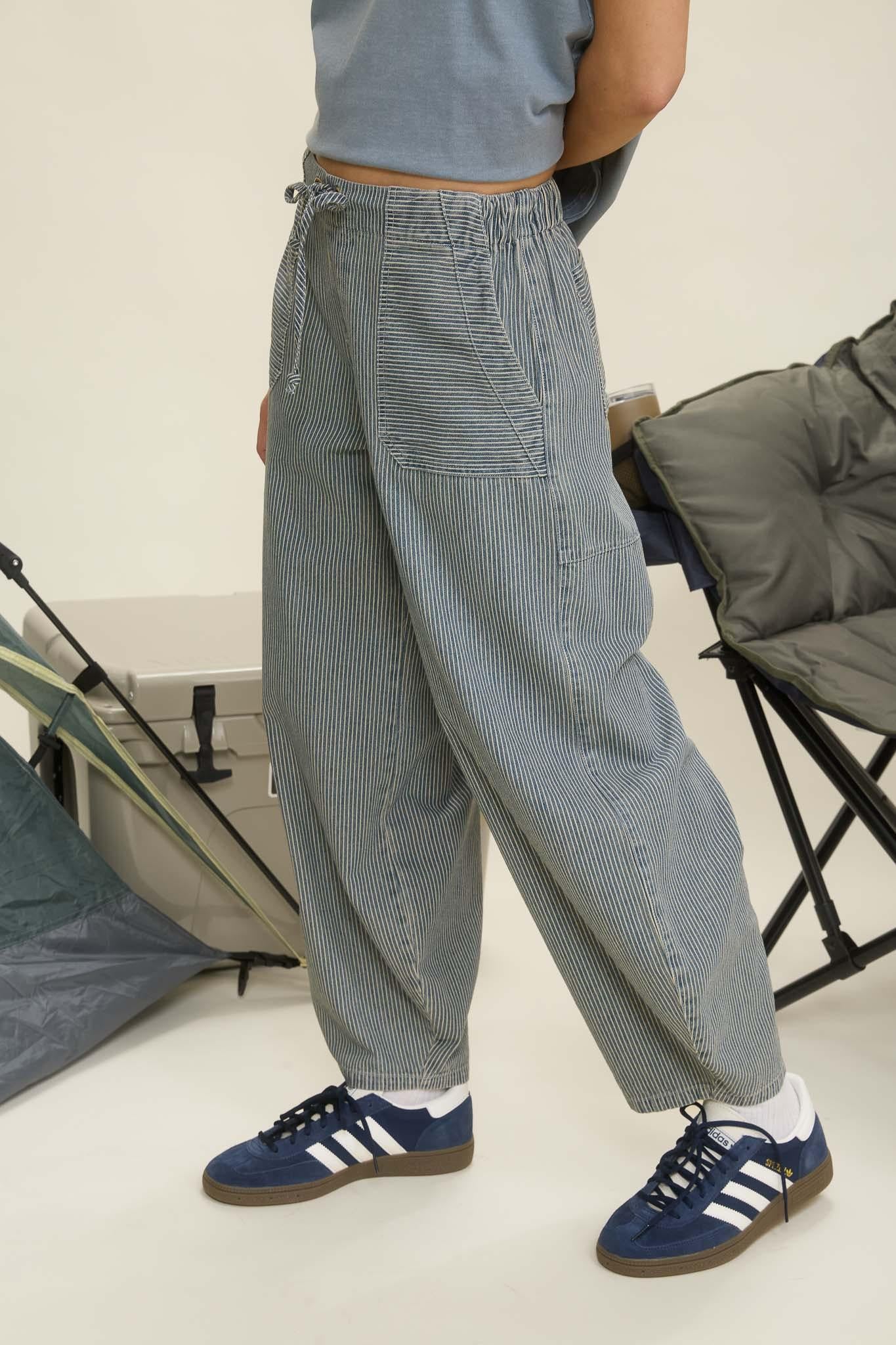 Stripe Denim Waist Tie Parachute Pants