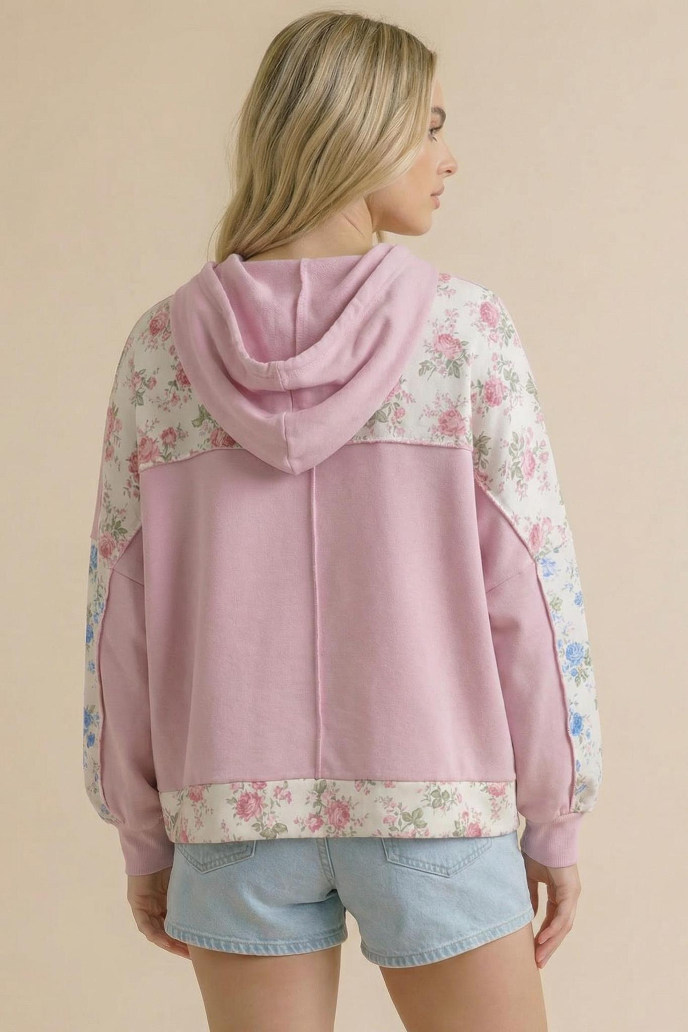 Floral Color Block Knit Top With Hoodie