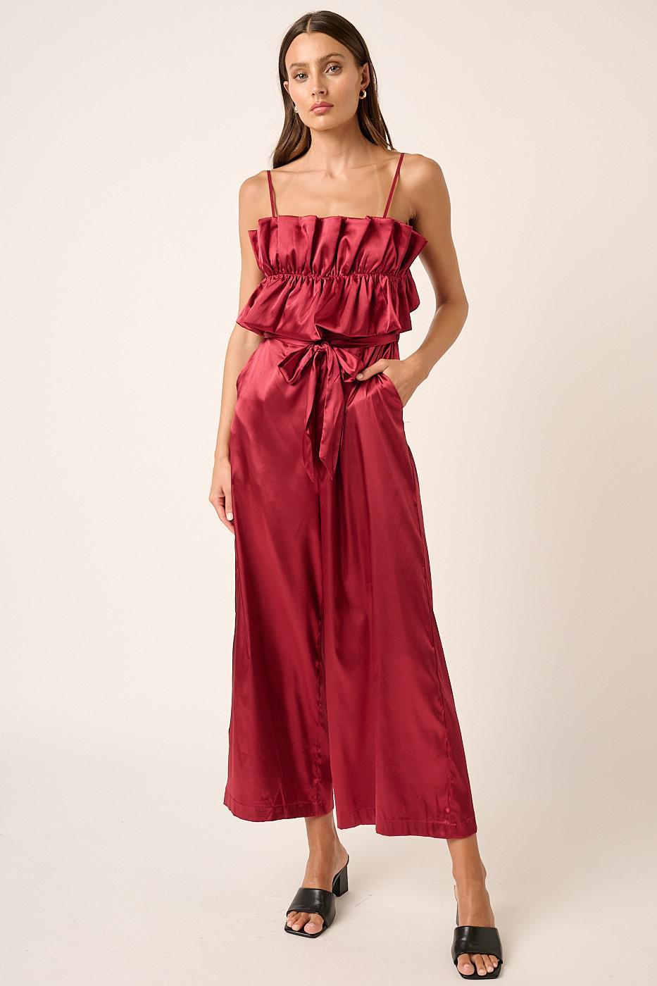 Wine Satin Ruffle Bust Wide Leg Jumpsuit