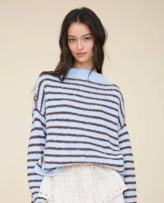 STRIPE ROLLED - EDGE DETAIL LONG SLEEVE KNIT SWEATER - light blue